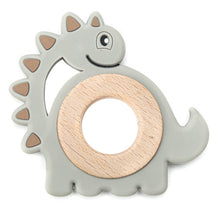 Load image into Gallery viewer, Dinosaur grey silicone teether for your little baby or toddler. this teether is great for kids ages 6 months to 3 years. And don&#39;t forget it is a cute gift too!
