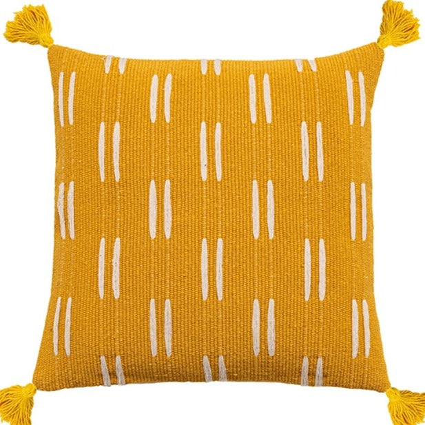 Bring a touch of sophisticated style to your little one's bedroom with this soft, cozy yellow tassel pillow cover! Embroidered with a custom pattern, it will make a timeless addition to any nursery or kid’s room. Pick your perfect square or rectangular shape for a truly tailored look.  Size: 17.71. x 17.71 inches (45cm x 45cm) Size: 11.81 x 19.68 inches (30cm x 50cm) Material: Cotton Technics: Woven