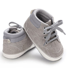 Load image into Gallery viewer, Cool grey high-top sneaker for your bay age newborn to 18 months. These cotton sneakers come in grey, black, khaki and blue.
