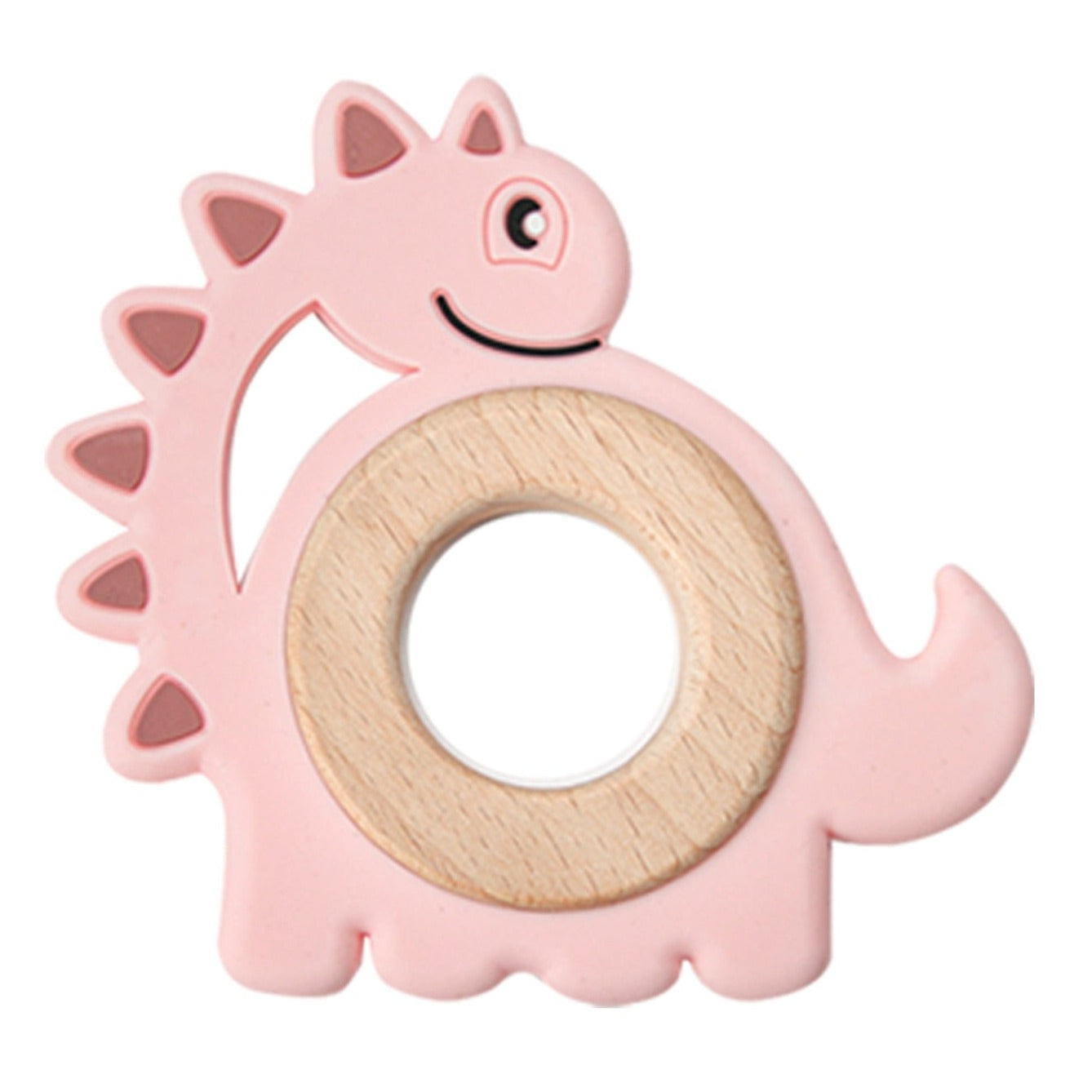 Dinosaur light pink silicone teether for your little baby or toddler. this teether is great for kids ages 6 months to 3 years. And don't forget it is a cute gift too!