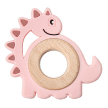 Load image into Gallery viewer, Dinosaur light pink silicone teether for your little baby or toddler. this teether is great for kids ages 6 months to 3 years. And don&#39;t forget it is a cute gift too!

