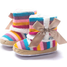 Load image into Gallery viewer, Sweet and stylish fall and winter cotton rainbow boots for babies and first time walkers.
