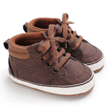 Load image into Gallery viewer, Cool brown high-top sneaker for your bay age newborn to 18 months. These cotton sneakers come in grey, black, khaki and blue.
