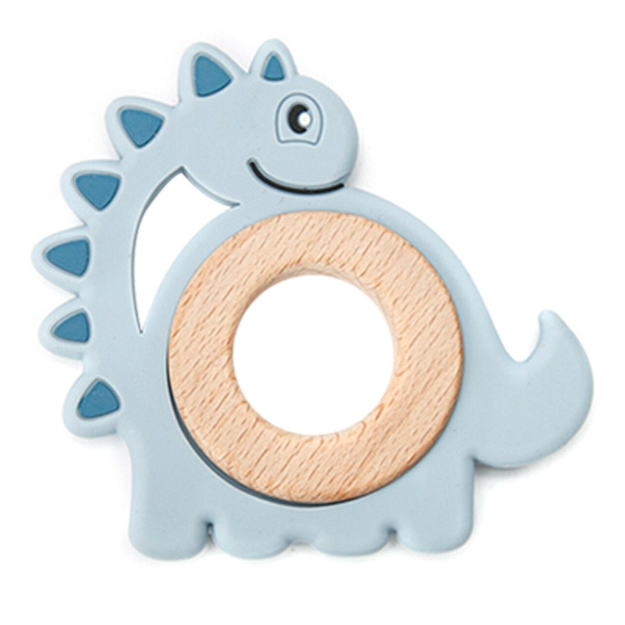 Dinosaur light blue silicone teether for your little baby or toddler. this teether is great for kids ages 6 months to 3 years. And don't forget it is a cute gift too!