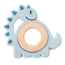 Load image into Gallery viewer, Dinosaur light blue silicone teether for your little baby or toddler. this teether is great for kids ages 6 months to 3 years. And don&#39;t forget it is a cute gift too!

