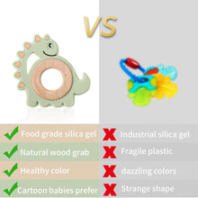 Load image into Gallery viewer, Dinosaur silicone teether for your little baby or toddler. this teether is great for kids ages 6 months to 3 years. And don&#39;t forget it is a cute gift too!
