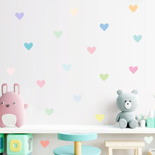 Load image into Gallery viewer, Cute water color hearts wall stickers for your little girl&#39;s room. These colorful vinyl wall decals come in a package of 18 pieces(hearts). The largest heart is 2.20 x 1.92 inches (5.6 x 4.9cm). These stickers are removable. Look at the instruction on how to apply.
