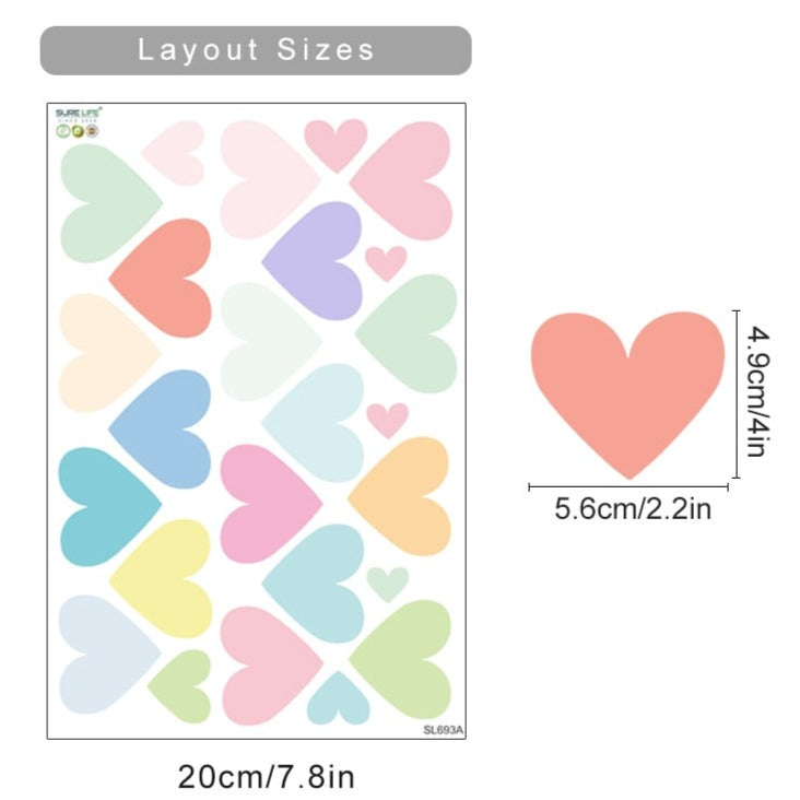 Cute water color hearts wall stickers for your little girl's room. These colorful vinyl wall decals come in a package of 18 pieces(hearts). The largest heart is 2.20 x 1.92 inches (5.6 x 4.9cm). These stickers are removable. Look at the instruction on how to apply.