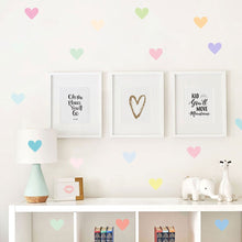 Load image into Gallery viewer, Cute water color hearts wall stickers for your little girl&#39;s room. These colorful vinyl wall decals come in a package of 18 pieces(hearts). The largest heart is 2.20 x 1.92 inches (5.6 x 4.9cm). These stickers are removable. Look at the instruction on how to apply.

