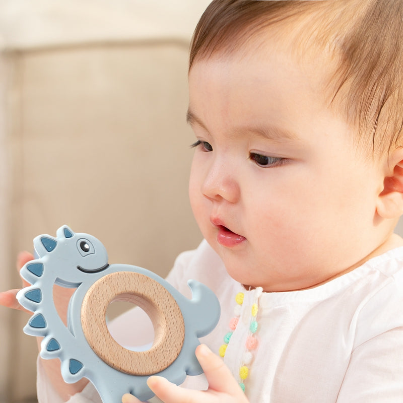 Dinosaur silicone teether for your little baby or toddler. this teether is great for kids ages 6 months to 3 years. And don't forget it is a cute gift too!