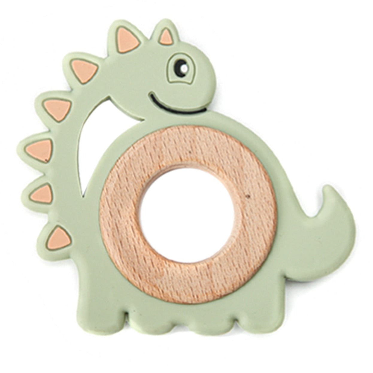 Dinosaur green silicone teether for your little baby or toddler. this teether is great for kids ages 6 months to 3 years. And don't forget it is a cute gift too!