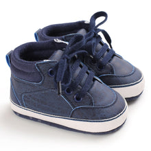 Load image into Gallery viewer, Cool blue high-top sneaker for your bay age newborn to 18 months. These cotton sneakers come in grey, black, khaki and blue.

