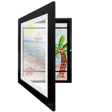 Load image into Gallery viewer, Changeable kids art frame in black for their drawings and paintings. This art frame provides the perfect display for A4 or smaller artworks and holds about 50 -150 pieces of art depending on paper thickness. These frames are made of a high-quality glossy acrylic and environmentally MDF material. You can hang them horizontal or vertical. Size: 12.59 x 9.44 x 1.14 inches thick (32cm x 24cm x 2.9cm) 
