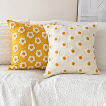 Load image into Gallery viewer, This embroidered daisy yellow or beige square or rectangular pillow cover is the perfect decorative pillow for your kids or baby bedroom. Solid color back. Pillow insert not included.  Technics: Woven  Size: 17.71. x 17.71 inches (45x45cm) or 11.81 x 19.68 inches (30 x 50cm) Pattern: Embroidered Open: Zipper Material: Cotton, Canvas and Polyester

