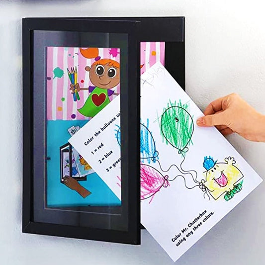 Changeable kids art frame in black for their drawings and paintings. This art frame provides the perfect display for A4 or smaller artworks and holds about 50 -150 pieces of art depending on paper thickness. These frames are made of a high-quality glossy acrylic and environmentally MDF material. You can hang them horizontal or vertical. Size: 12.59 x 9.44 x 1.14 inches thick (32cm x 24cm x 2.9cm) 