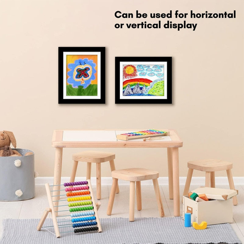 Changeable kids art frame for their drawings and paintings. This art frame provides the perfect display for A4 or smaller artworks and holds about 50 -150 pieces of art depending on paper thickness. These frames are made of a high-quality glossy acrylic and environmentally MDF material. You can hang them horizontal or vertical. Size: 12.59 x 9.44 x 1.14 inches thick (32cm x 24cm x 2.9cm) 