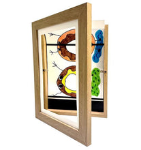 Load image into Gallery viewer, Changeable kids art frame in natural wood for their drawings and paintings. This art frame provides the perfect display for A4 or smaller artworks and holds about 50 -150 pieces of art depending on paper thickness. These frames are made of a high-quality glossy acrylic and environmentally MDF material. You can hang them horizontal or vertical. Size: 12.59 x 9.44 x 1.14 inches thick (32cm x 24cm x 2.9cm) 
