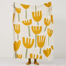 Load image into Gallery viewer, Sweet knitted yellow and beige rectangular 100% cotton tulip and dandelion throw blanket in yellow or orange for your kids or baby&#39;s bedroom. Size: 50 x 62 inches (130 x 160 inches)
