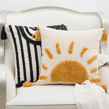Load image into Gallery viewer, This linen and cotton blend embroidered yellow sun or black mountains woven 17.71 inch square pillow cover has a graphic on the front and a solid color back. Insert pillow not included.  Technics: Woven and Tufted Size: 17.71. x 17.71 inches (45x45cm)  Pattern: Embroidered Open: Zipper Material: Linen / Cotton
