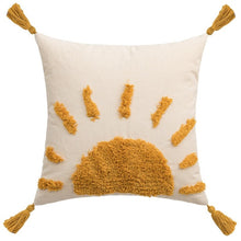 Load image into Gallery viewer, This linen and cotton blend embroidered yellow sun woven 17.71 inch square pillow cover has a graphic on the front and a solid color back. Insert pillow not included. 
