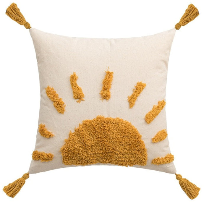 This linen and cotton blend embroidered yellow sun woven 17.71 inch square pillow cover has a graphic on the front and a solid color back. Insert pillow not included. 