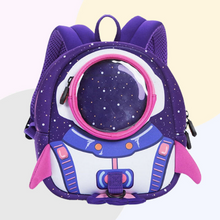 Load image into Gallery viewer, Perfect purple  backpack for your space and rockets loving kid. This backpack is great for kids ages 2 to 7 years and comes small or large.
