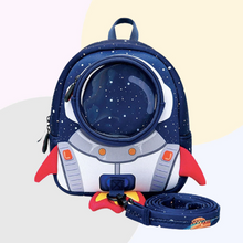 Load image into Gallery viewer, Perfect blue small  backpack for your space and rockets loving kid. This backpack is great for kids ages 2 to 7 years and comes small or large.
