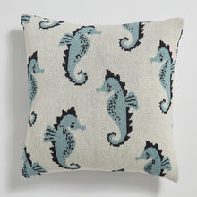 Load image into Gallery viewer, Introducing the knitted sea horse throw pillow in blue or pink! Add a cozy, soft and unique touch to your kid&#39;s bedroom or nursery with this adorable pillow cover. Its size of 17.71 x 17.71 inches (45cm x 45cm) makes it the perfect addition to any room. Made from 100% cotton, this pillow will be your kid&#39;s favorite and the perfect accent for any nursery.
