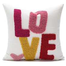 Load image into Gallery viewer, Comfort your little one with this cozy love pillow cover! Embroidered with a sweet &quot;Love&quot; declaration, this cover will make any bedroom or nursery pop with love - measuring at 17 x 17 inches (45cm x 45cm) and made of a linen/cotton blend, they&#39;ll be snug as a bug in a rug! Get it now and show your love! Insert not included.
