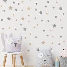 Load image into Gallery viewer, Cute star wall stickers for your little kid&#39;s room. Material: non-toxic PVC. These stickers are removable. Look at the instruction on how to apply. This is a translucent sticker, apply it on a solid colored wall. 

