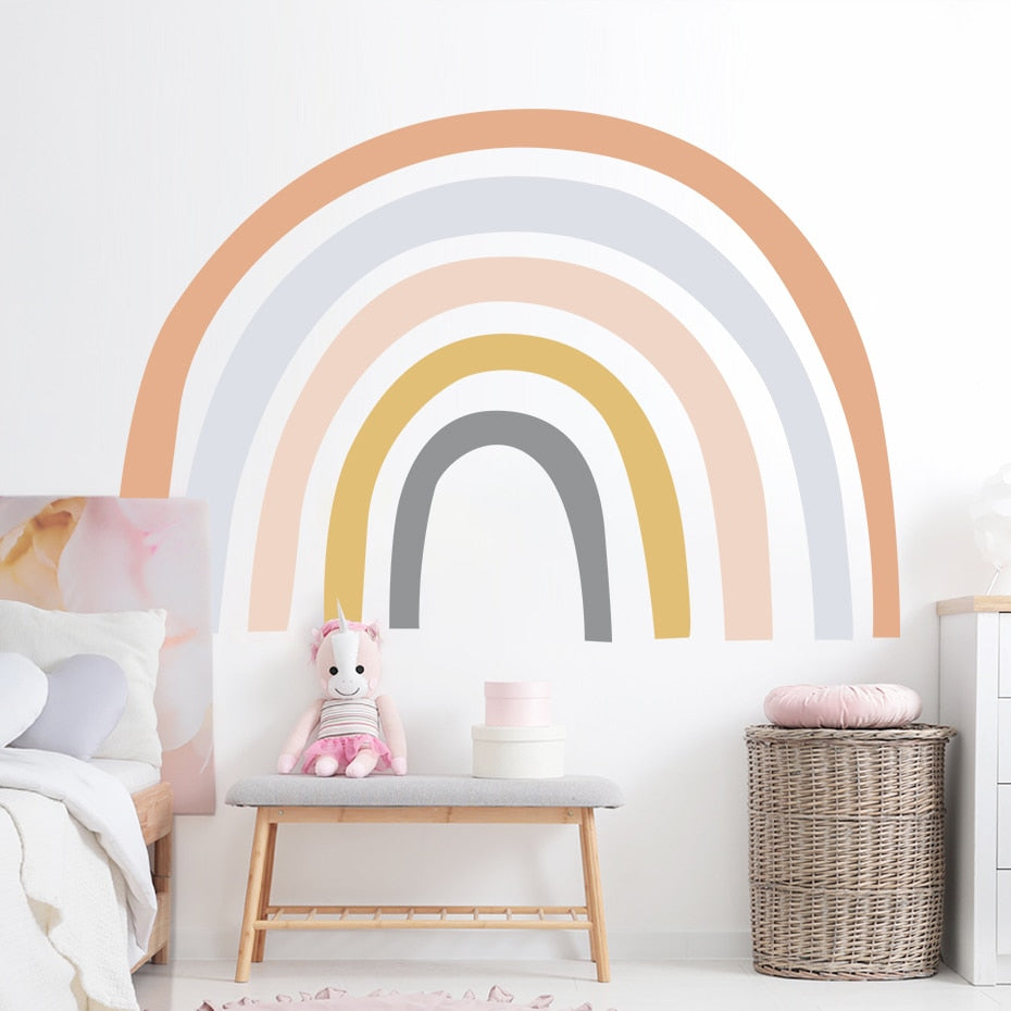 Large rainbow wall sticker for your kids bedroom. This removable Nordic 3D wall decal is a great way to decorated your kids bedroom or nursery. Simply peel and stick. Material:Non-Toxic PVC. Where to use: Use this sticker on a smooth surface.  View image with instructions on how to apply.