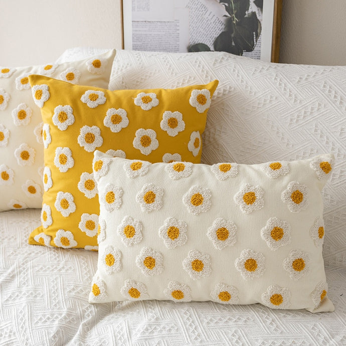 This embroidered daisy yellow or beige square or rectangular pillow cover is the perfect decorative pillow for your kids or baby bedroom. Solid color back. Pillow insert not included.  Technics: Woven  Size: 17.71. x 17.71 inches (45x45cm) or 11.81 x 19.68 inches (30 x 50cm) Pattern: Embroidered Open: Zipper Material: Cotton, Canvas and Polyester