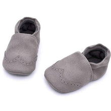 Load image into Gallery viewer, These are great soft sole grey baby shoes for your first walker. The flexibility of these leather baby shoes makes it easy to crawl and walk. 
