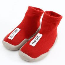 Load image into Gallery viewer, Super cool and sturdy indoor red non-skid baby and toddler shoes for your first time walker. These super cool shoes come in yellow, black, red, grey and brown. This kids footwear is for ages 6 months to 4 year. Free shipping.
