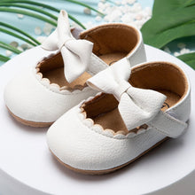 Load image into Gallery viewer, White sweet ribbon shoes for your first time walker or to fit that beautiful party dress. These shoes are for baby girls and toddlers ages newborn to 18 months. Free shipping
