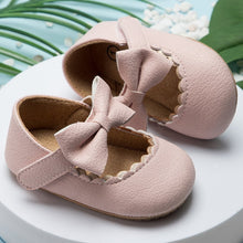 Load image into Gallery viewer, Sweet pink leather ribbon shoes for your first time walker or to fit that beautiful party dress. These shoes are for baby girls and toddlers ages newborn to 18 months. Free shipping
