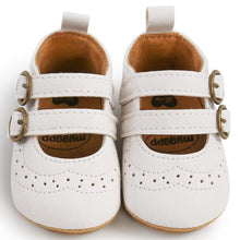 Load image into Gallery viewer, These white leather shoes are perfect for your first time crawler and walker. These soft sole shoes are for baby girls ages 0 to 18 months old girl. Free shipping.
