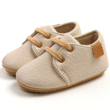 Load image into Gallery viewer, Rubber sole anti-slip first walkers beige leather shoes for baby and toddlers age Infant Newborn to 18 months.
