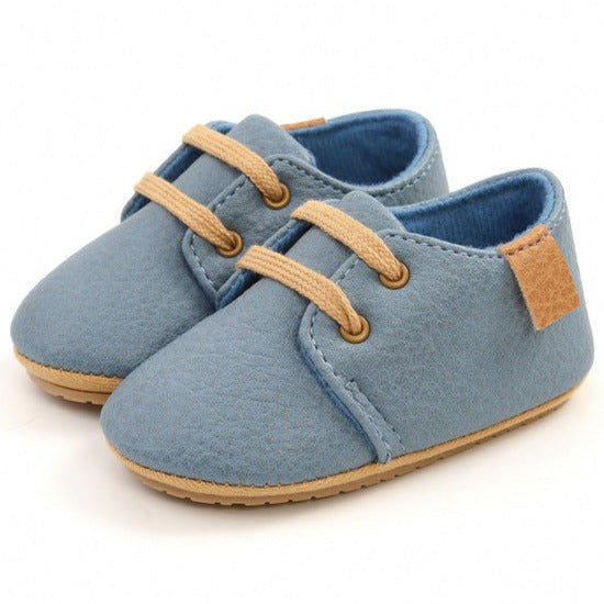 Rubber sole anti-slip first walkers leather light blue shoes for baby and toddlers age Infant Newborn to 18 months.