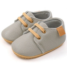 Load image into Gallery viewer, Rubber sole anti-slip first walkers leather light grey shoes for baby and toddlers age Infant Newborn to 18 months.
