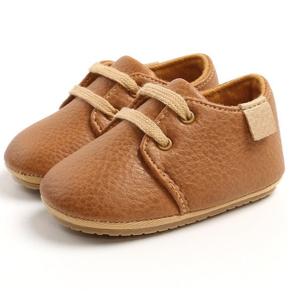 Rubber sole anti-slip first walkers dark khaki  leather shoes for baby and toddlers age Infant Newborn to 18 months.